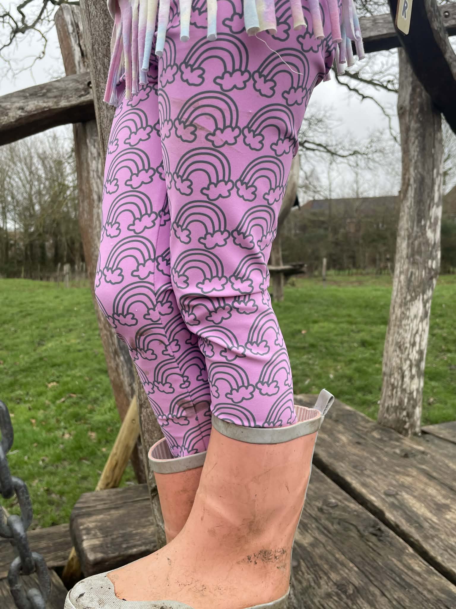 Rainy Days Muddy Puddles Pink Rainbow Print Kid's Leggings Activewear