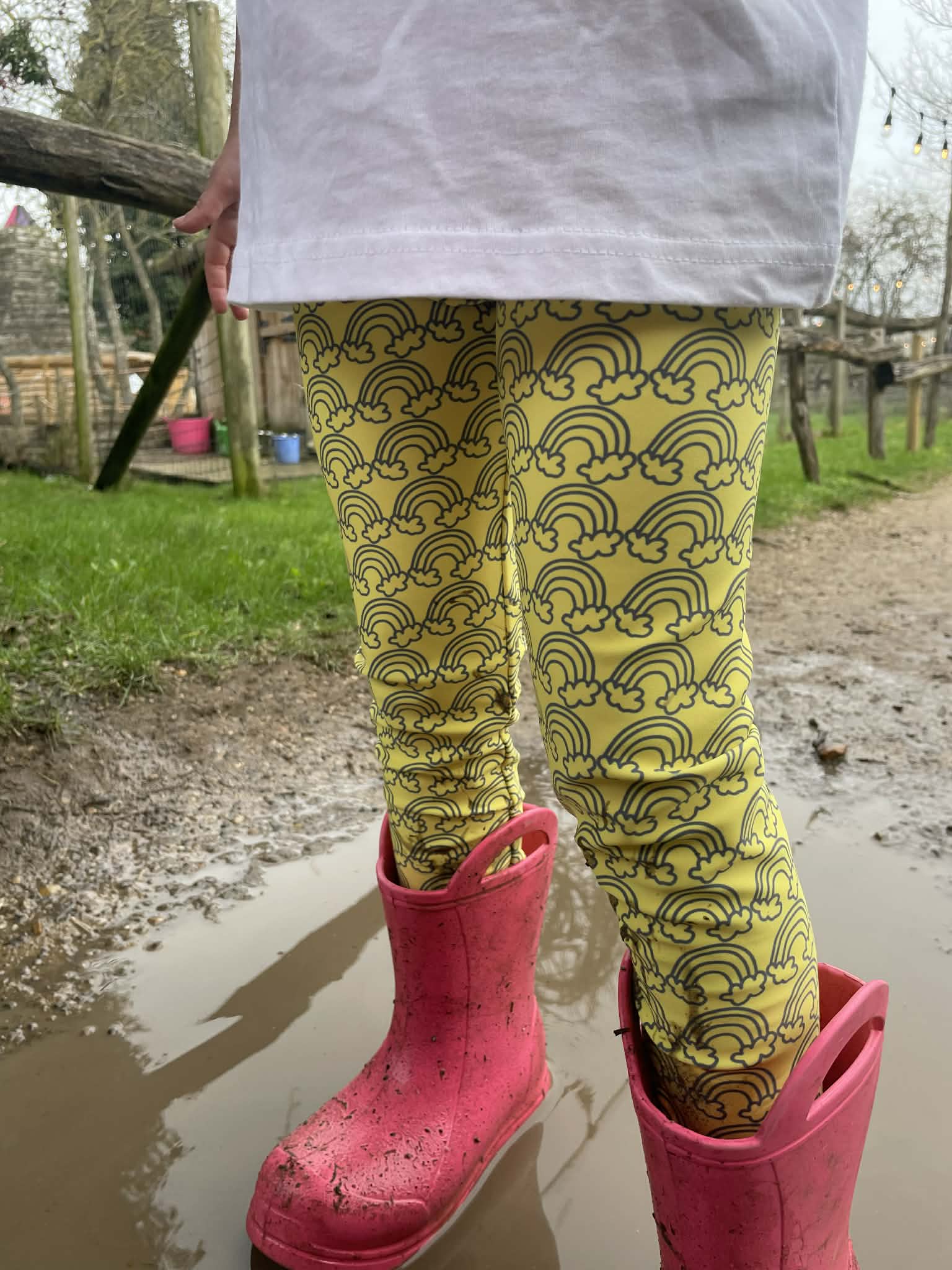 Rainy Days Muddy Puddles Yellow Rainbow Print Kid's Leggings Activewear playwear
